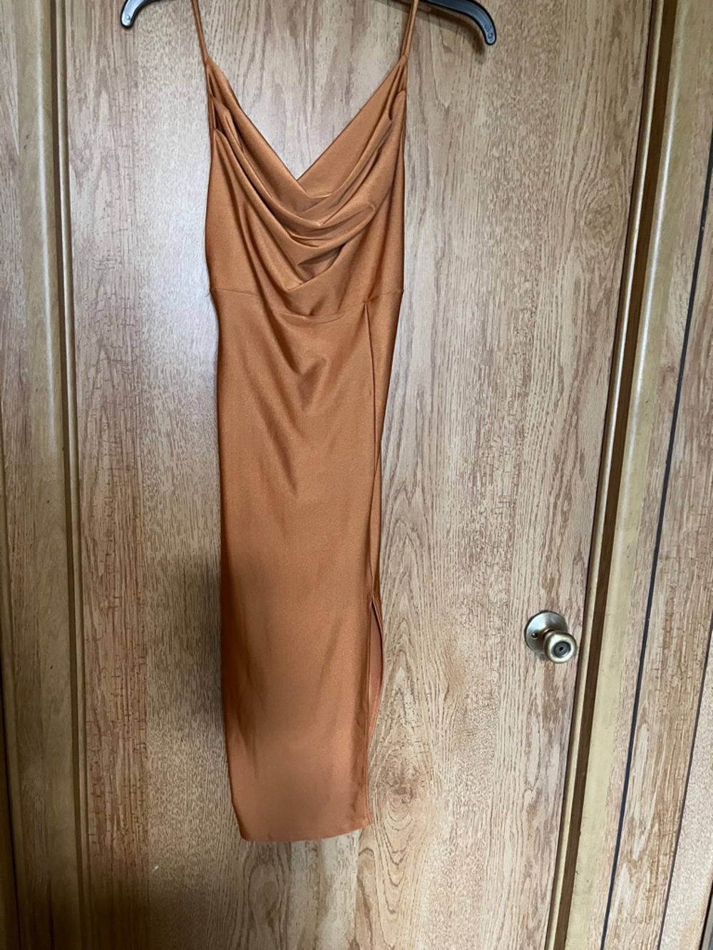 Cowl-Neck Slip Midi Dress in Rust